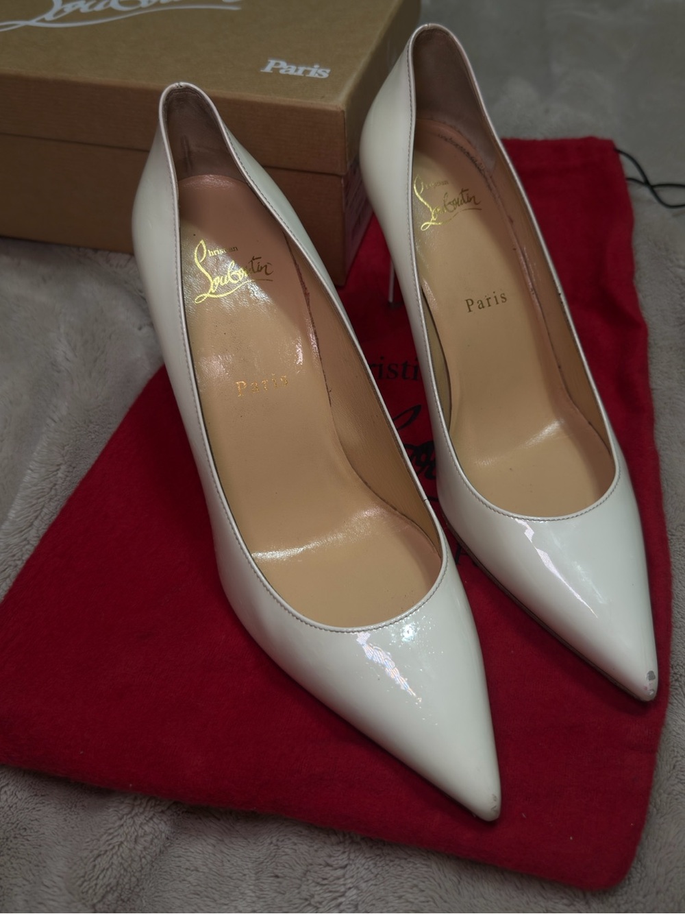 Christian Louboutin White Patent Pointed Toe Stiletto Pumps - Picture 1 of 8